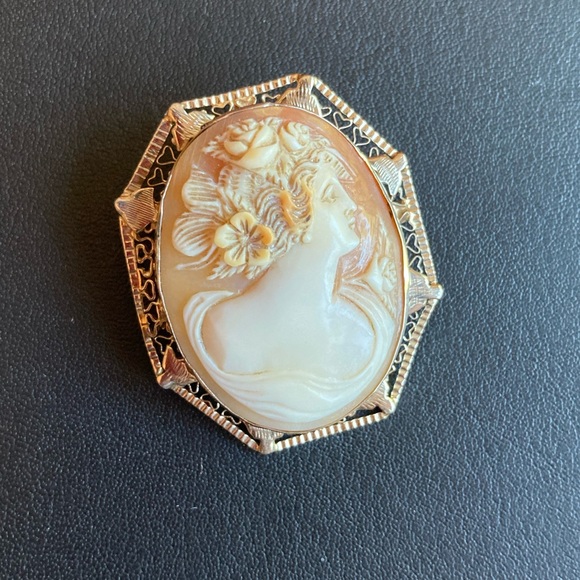 *HP* Antique Victorian 14k white gold filigree cameo hand carved brooch pendant - Picture 5 of 15